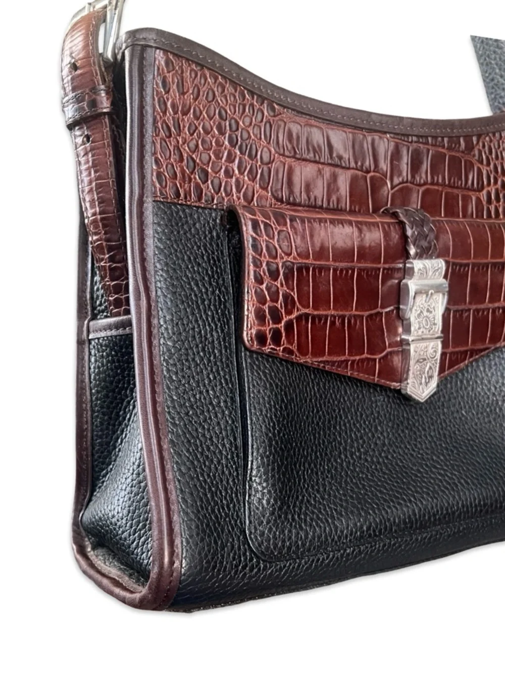 Brighton Collection Buckle Shoulder Bag Black and Tan with Croc Embossed Accents - Picture 12 of 15